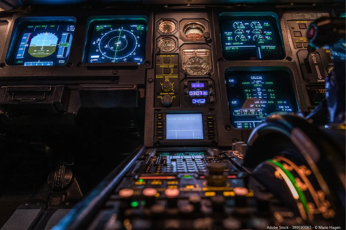 Modernes Flugzeugcockpit mit digitalen Instrumenten, Navigationsanzeigen und Steuerungssystemen veranschaulicht die fortschreitende Digitalisierung Luftfahrt und innovative Flugtechnologie.